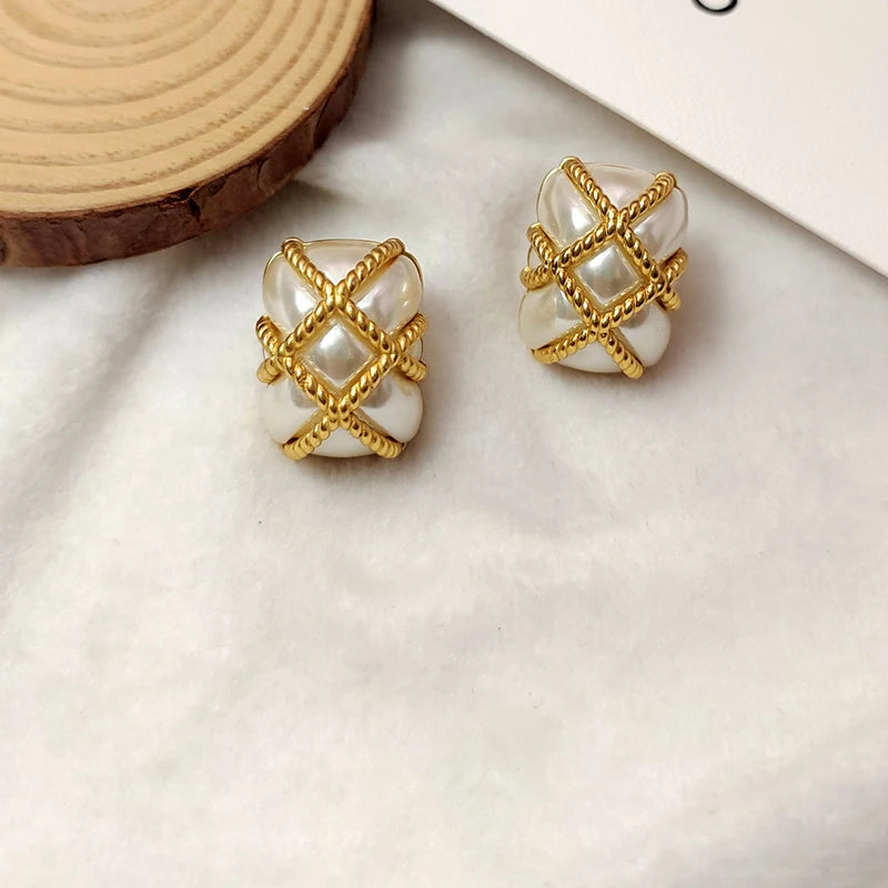 Square Baroque Pearl Stud Earrings for Women