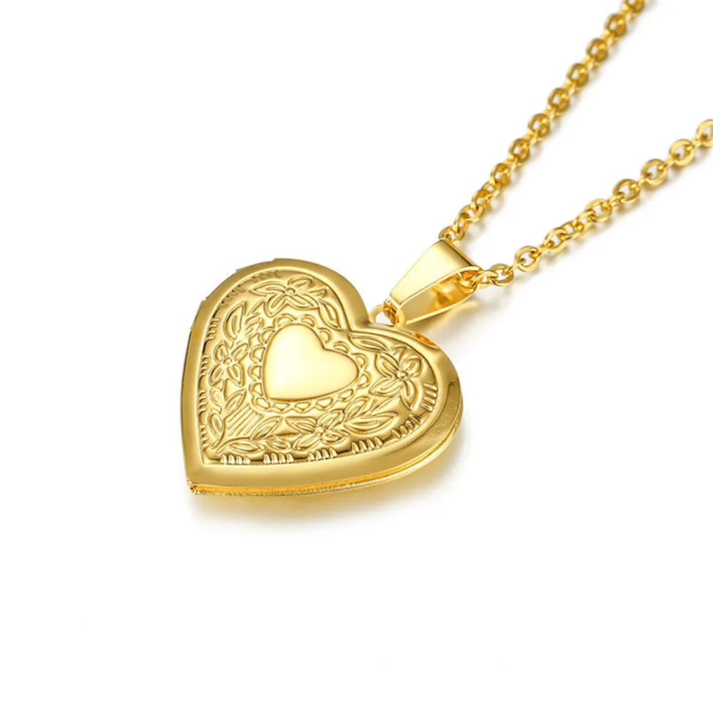 Vintage Heart Locket Pendant Necklace 18k Stainless Steel Jewelry
