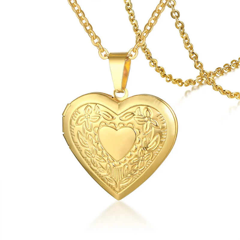 Vintage Heart Locket Pendant Necklace 18k Stainless Steel Jewelry