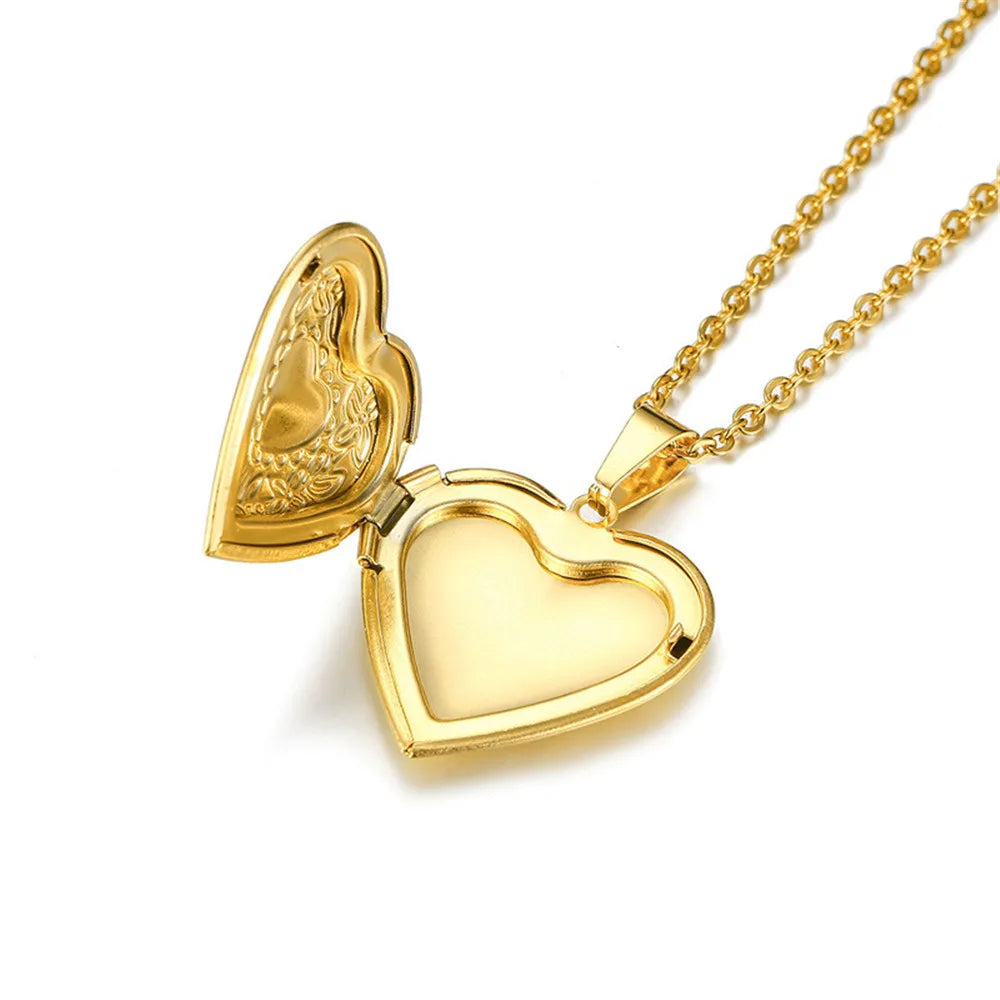 Vintage Heart Locket Pendant Necklace 18k Stainless Steel Jewelry