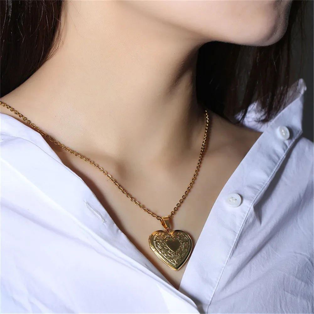Vintage Heart Locket Pendant Necklace 18k Stainless Steel Jewelry
