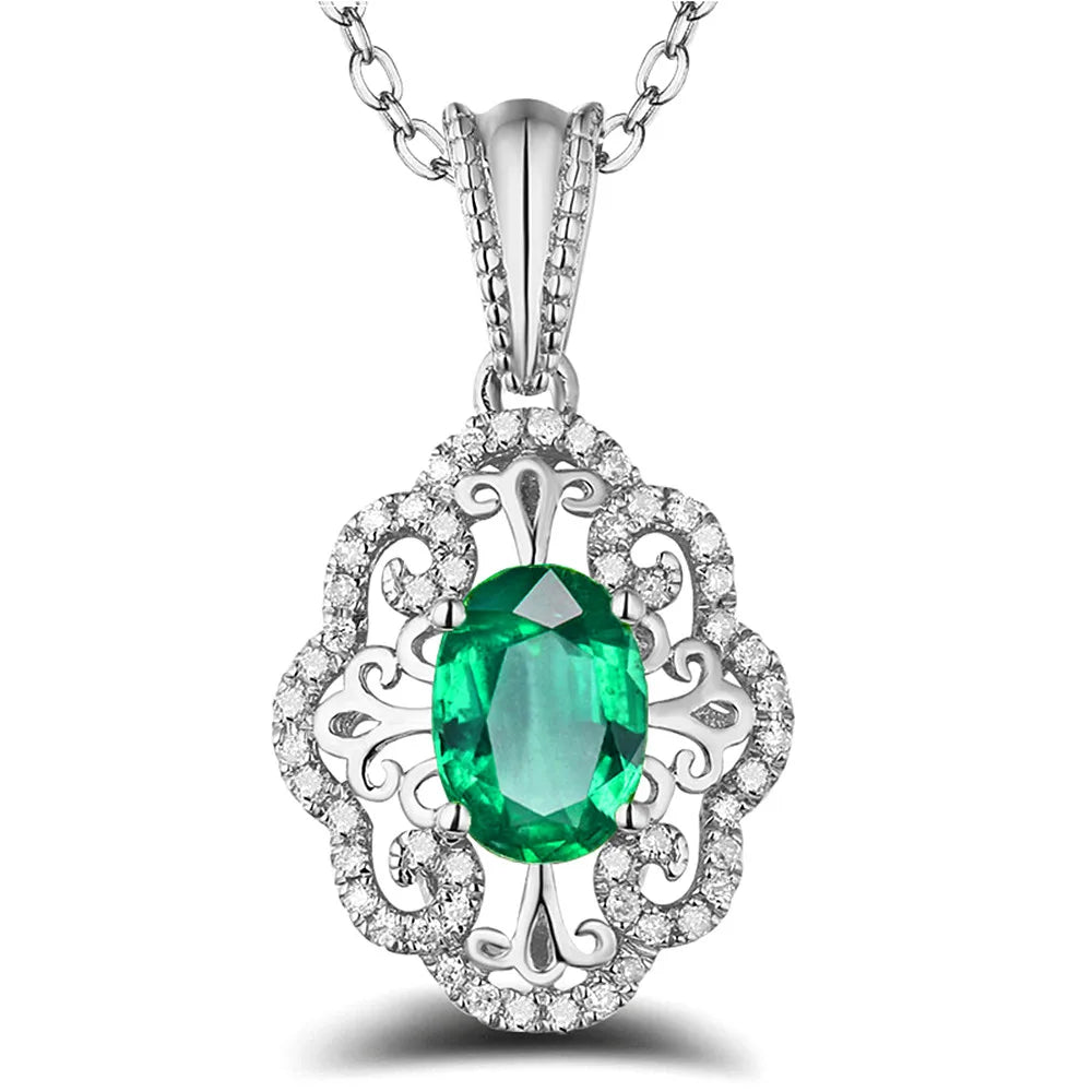 Vintage Carving Crystal Emerald Gemstones Diamonds Pendant Necklace