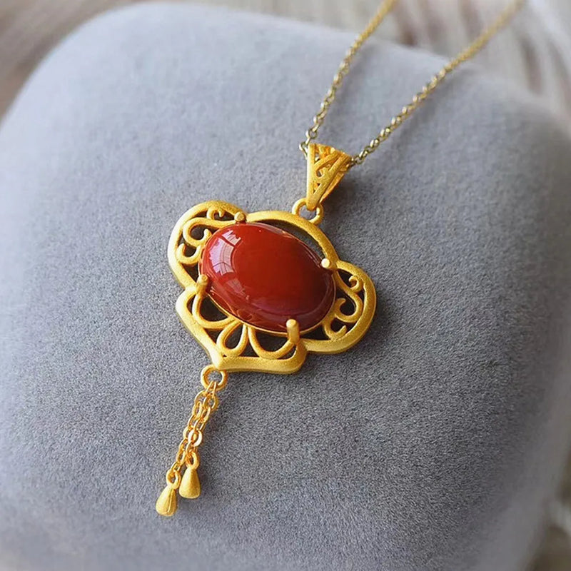 Vintage Dragonfly Agate Drop Pendant Necklace 18k Jewelry