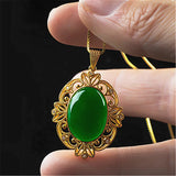 Vintage Carving Green Jade Emerald Gemstones Diamond Pendant Necklaces