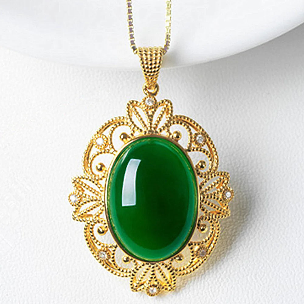 Vintage Carving Green Jade Emerald Gemstones Diamond Pendant Necklaces