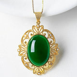 Vintage Carving Green Jade Emerald Gemstones Diamond Pendant Necklaces