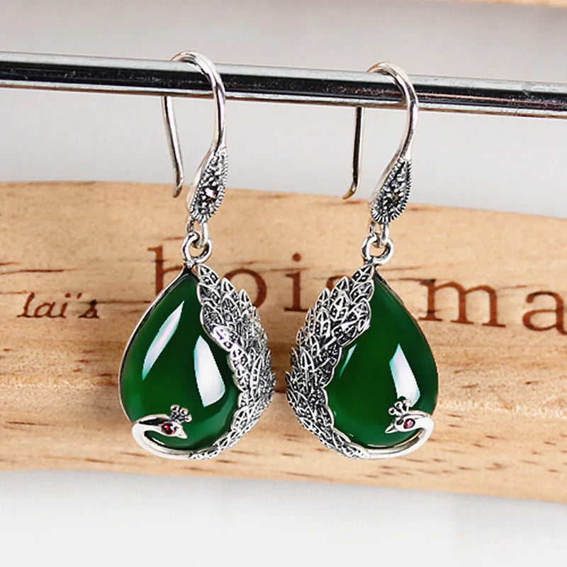 Vintage Red Jade Ruby Gemstones Drop Earrings Thai Silver Jewelry