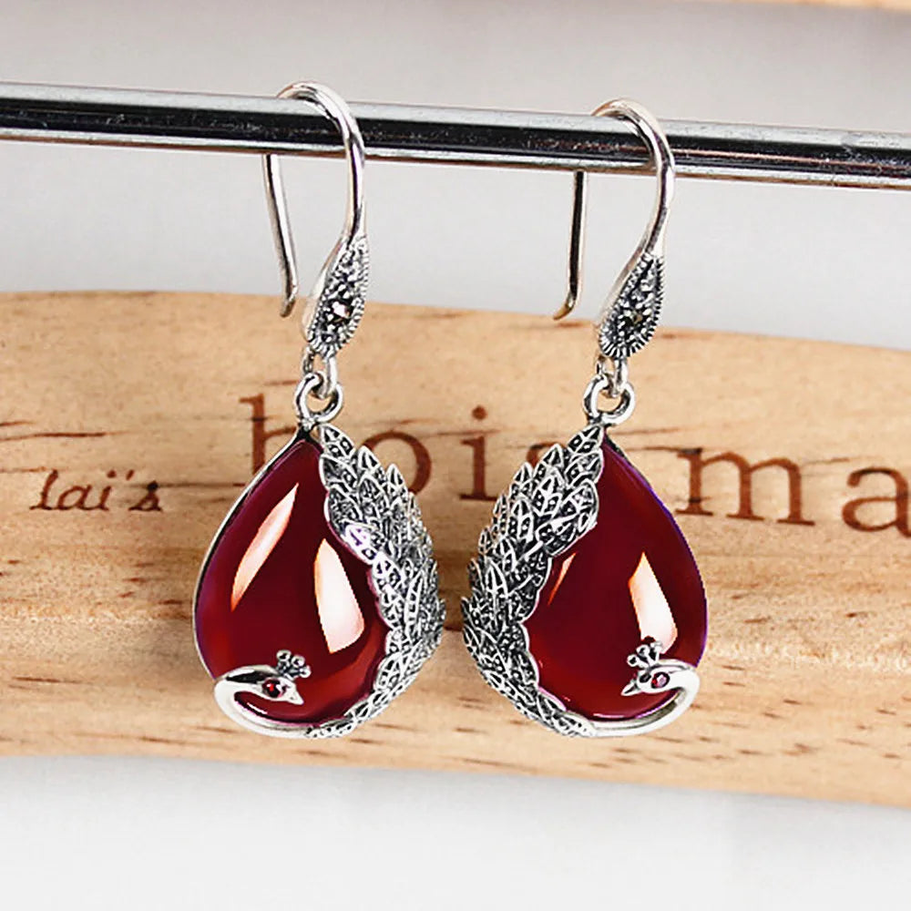 Vintage Red Jade Ruby Gemstones Drop Earrings Thai Silver Jewelry