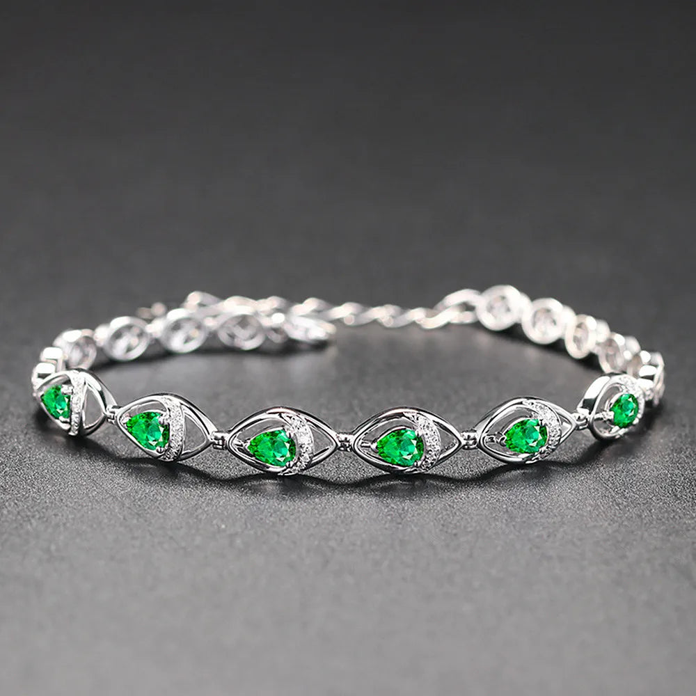 Vintage Green Crystal Emerald Diamond Bracelet Women's Silver Jewelry