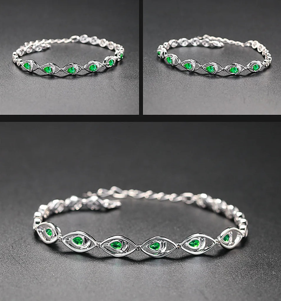 Vintage Green Crystal Emerald Diamond Bracelet Women's Silver Jewelry