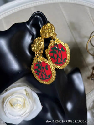 Vintage Enamel Drip Oil Hand-Drawn Branch Oval Lace Earrings French Middle Ages