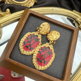 Vintage Enamel Drip Oil Hand-Drawn Branch Oval Lace Earrings French Middle Ages
