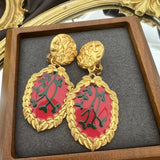 Vintage Enamel Drip Oil Hand-Drawn Branch Oval Lace Earrings French Middle Ages