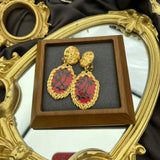 Vintage Enamel Drip Oil Hand-Drawn Branch Oval Lace Earrings French Middle Ages