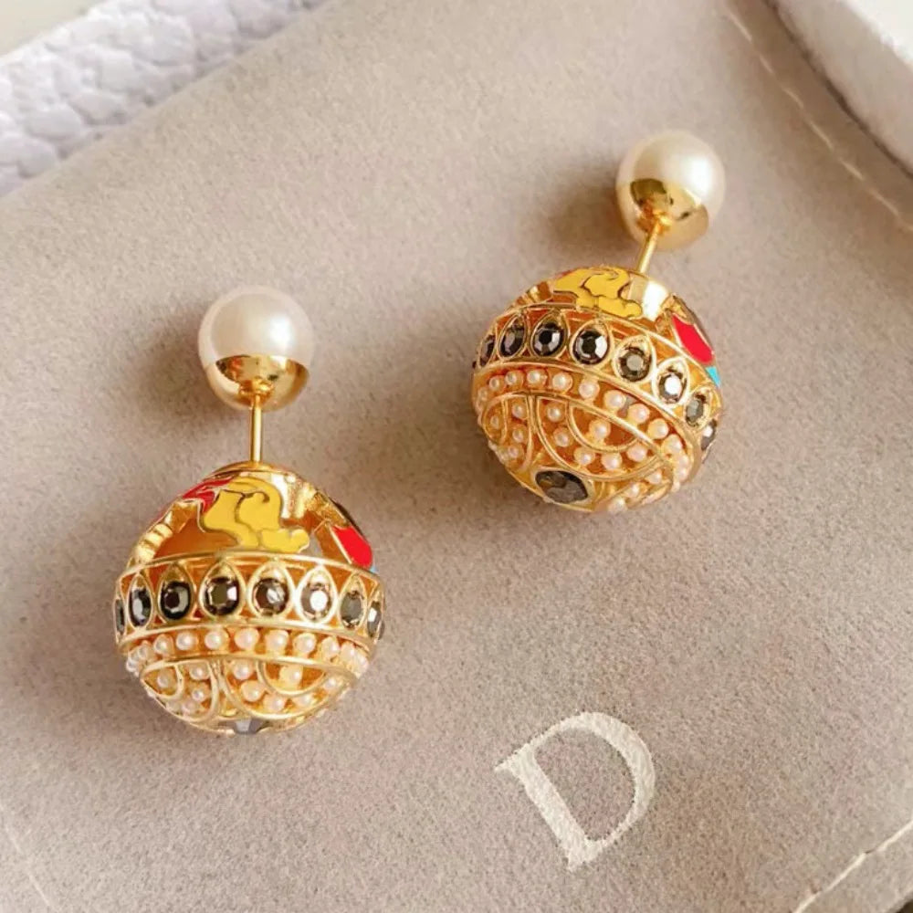 Vintage Enamel Earrings Sparkling Zircon Pearl Jewelry