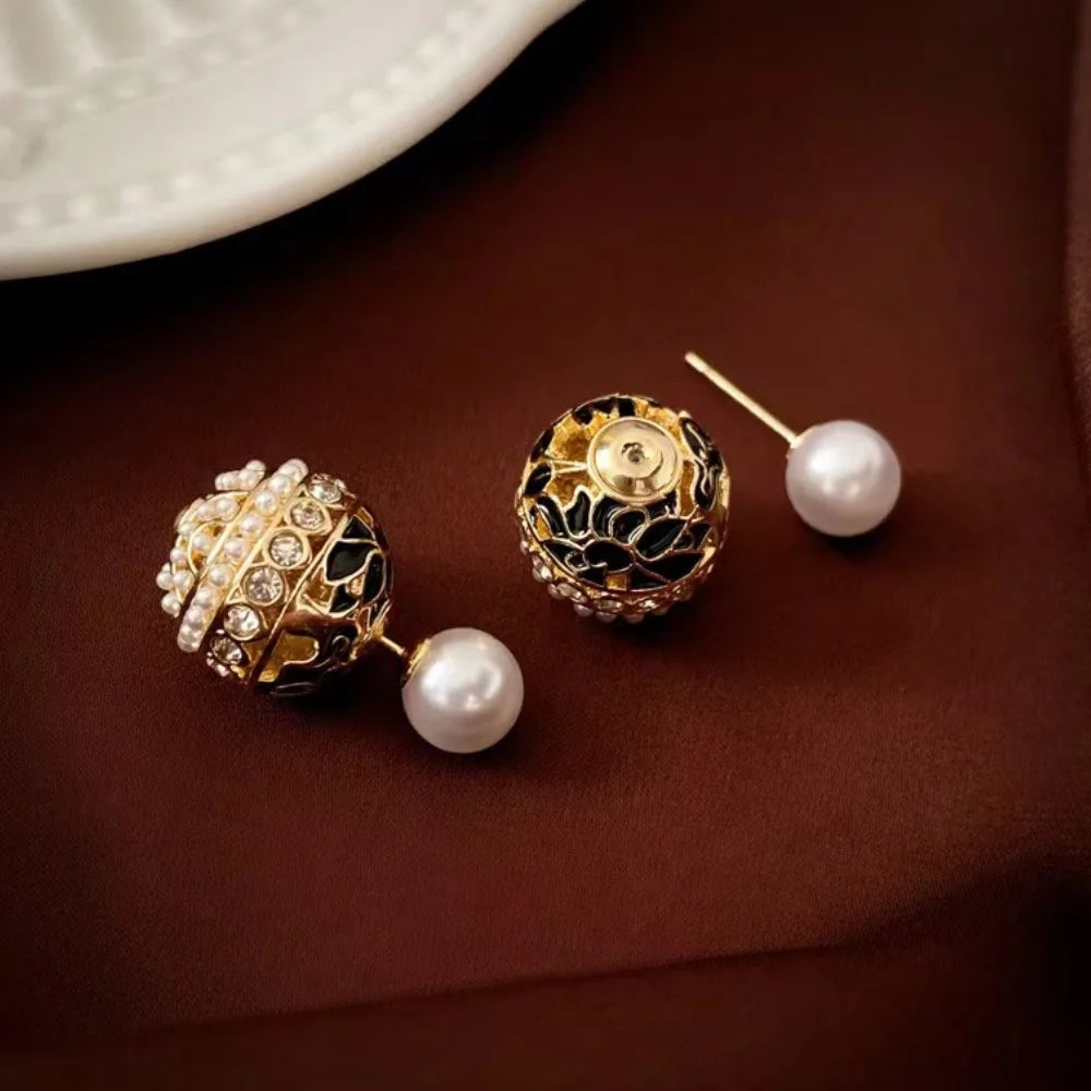 Vintage Enamel Earrings Sparkling Zircon Pearl Jewelry