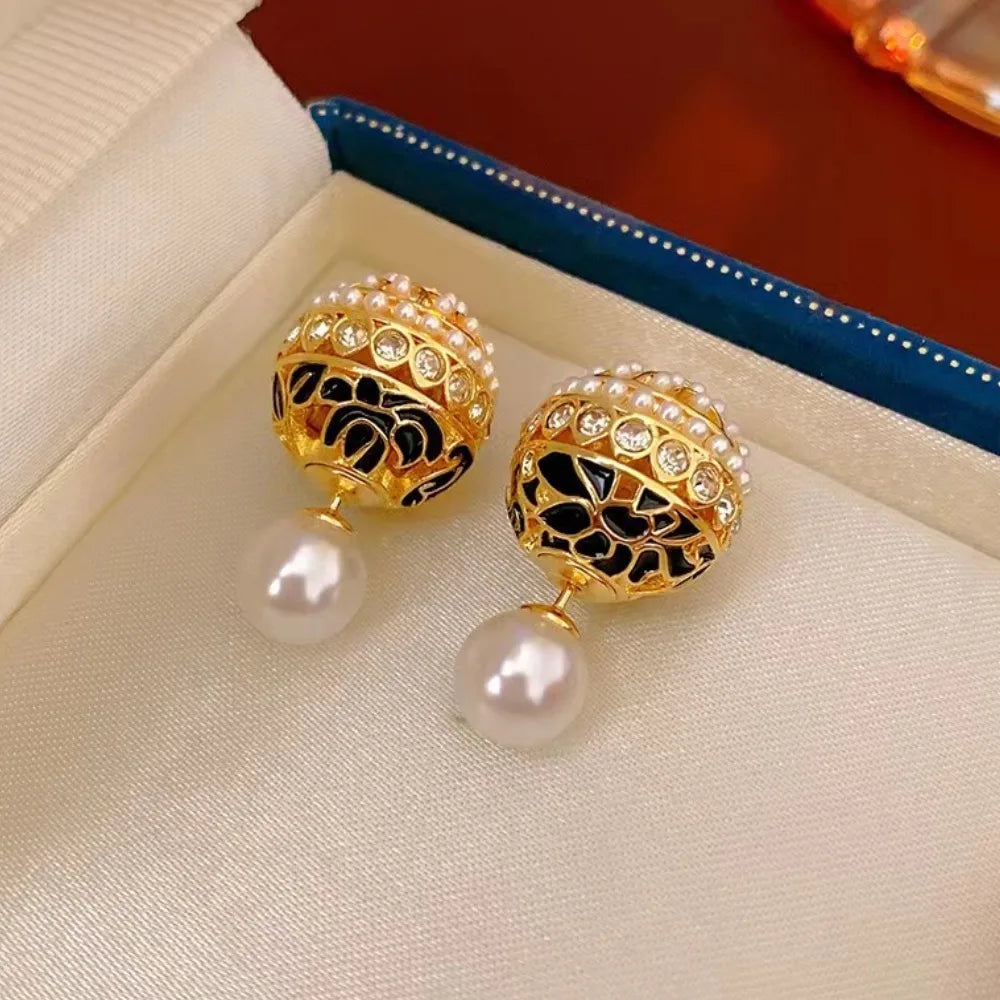 Vintage Enamel Earrings Sparkling Zircon Pearl Jewelry
