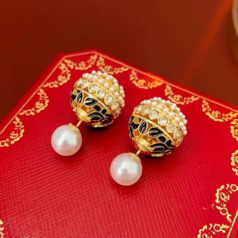 Vintage Enamel Earrings Sparkling Zircon Pearl Jewelry
