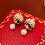 Vintage Enamel Earrings Sparkling Zircon Pearl Jewelry