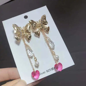 Vintage Fairy Bow Drill Pearl Powder Tassel Earrings