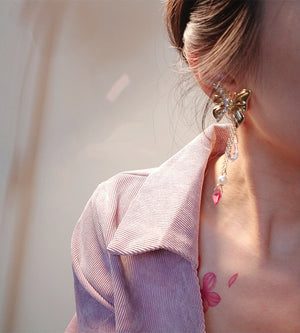Vintage Fairy Bow Drill Pearl Powder Tassel Earrings