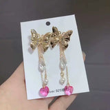 Vintage Fairy Bow Drill Pearl Powder Tassel Earrings