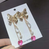 Vintage Fairy Bow Drill Pearl Powder Tassel Earrings