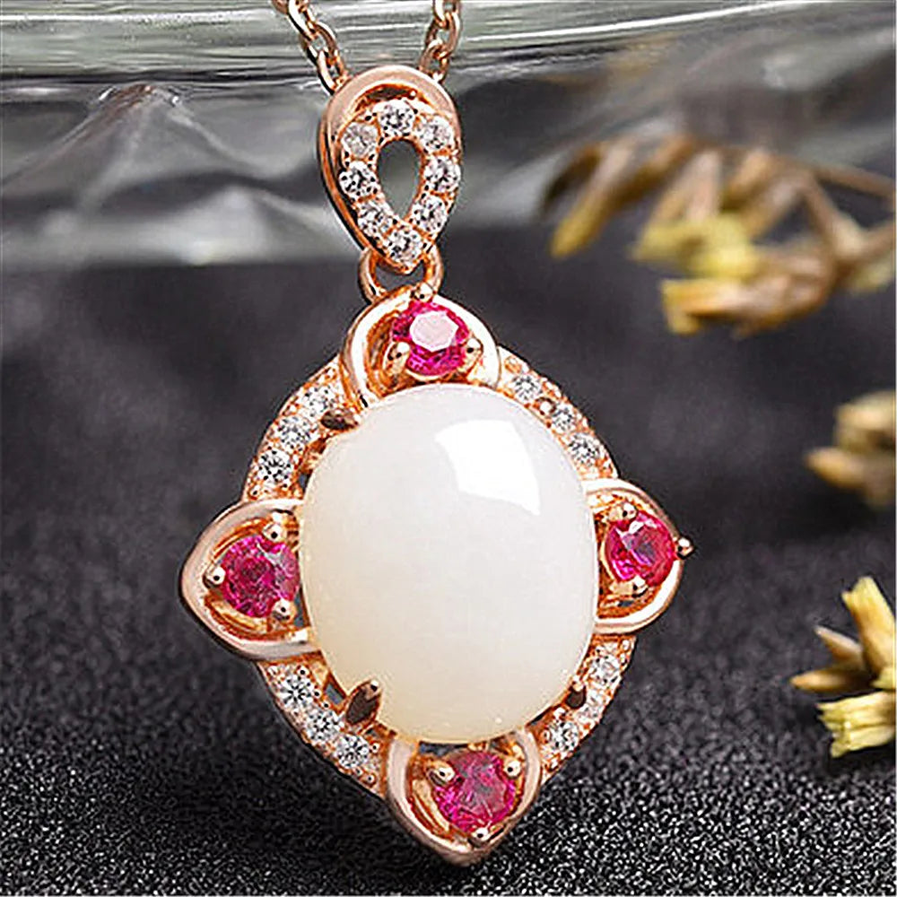 Vintage Jade Zircon Diamonds Pendant Necklace 18K Rose Jewelry