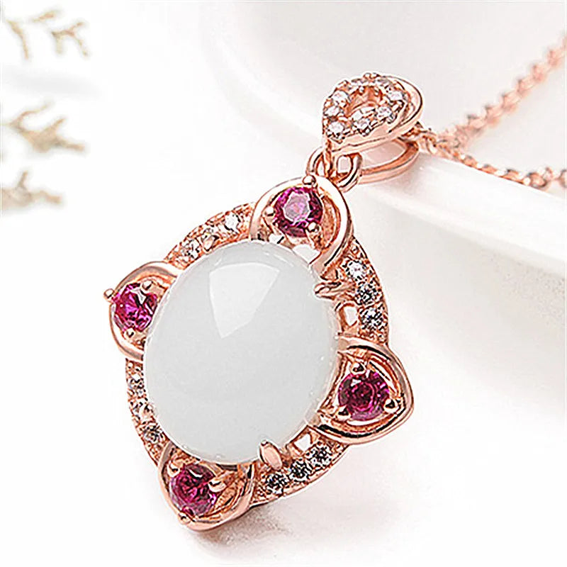 Vintage Jade Zircon Diamonds Pendant Necklace 18K Rose Jewelry