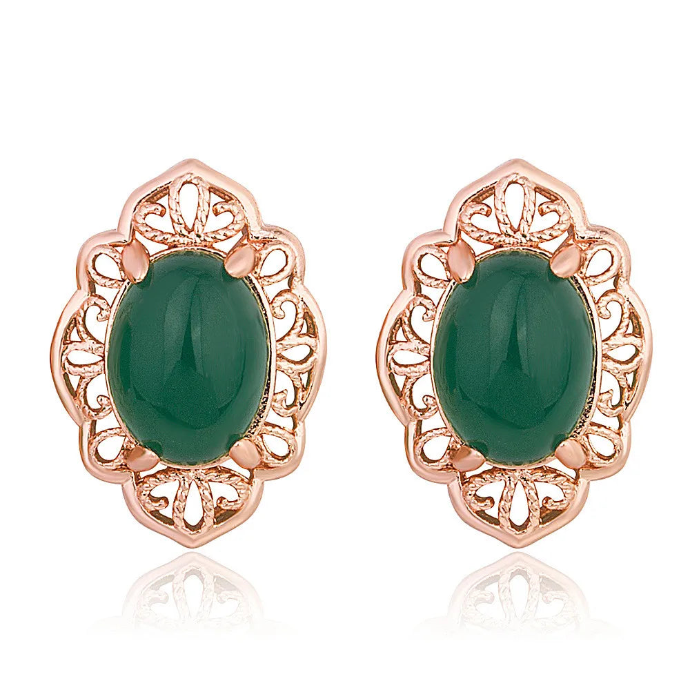 Vintage Flower Carving Green Jade Earrings