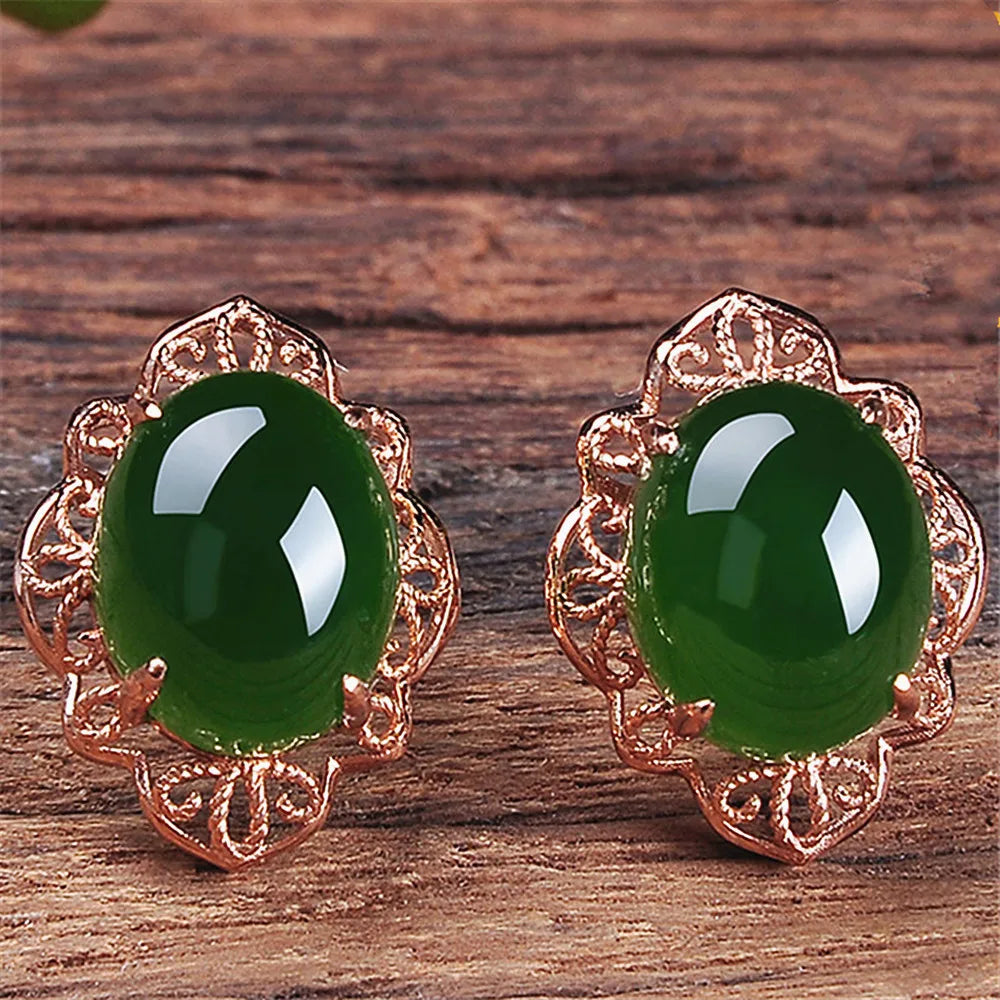 Vintage Flower Carving Green Jade Earrings