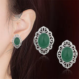 Vintage Flower Carving Green Jade Earrings