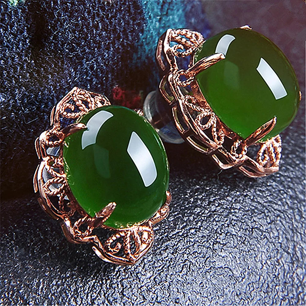 Vintage Flower Carving Green Jade Earrings