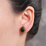 Vintage Flower Carving Green Jade Earrings