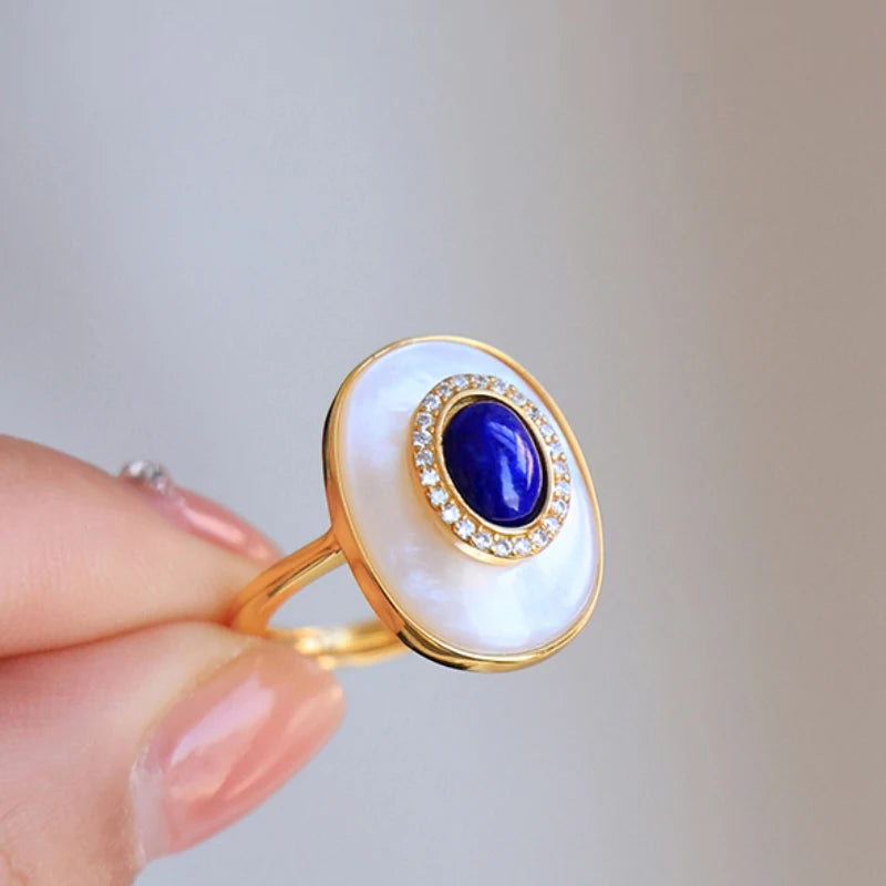 Vintage Lapis Lazuli Engagement Ring Adjustable Fritillaria Oval Rings