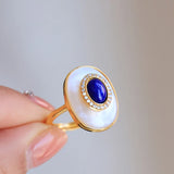 Vintage Lapis Lazuli Engagement Ring Adjustable Fritillaria Oval Rings