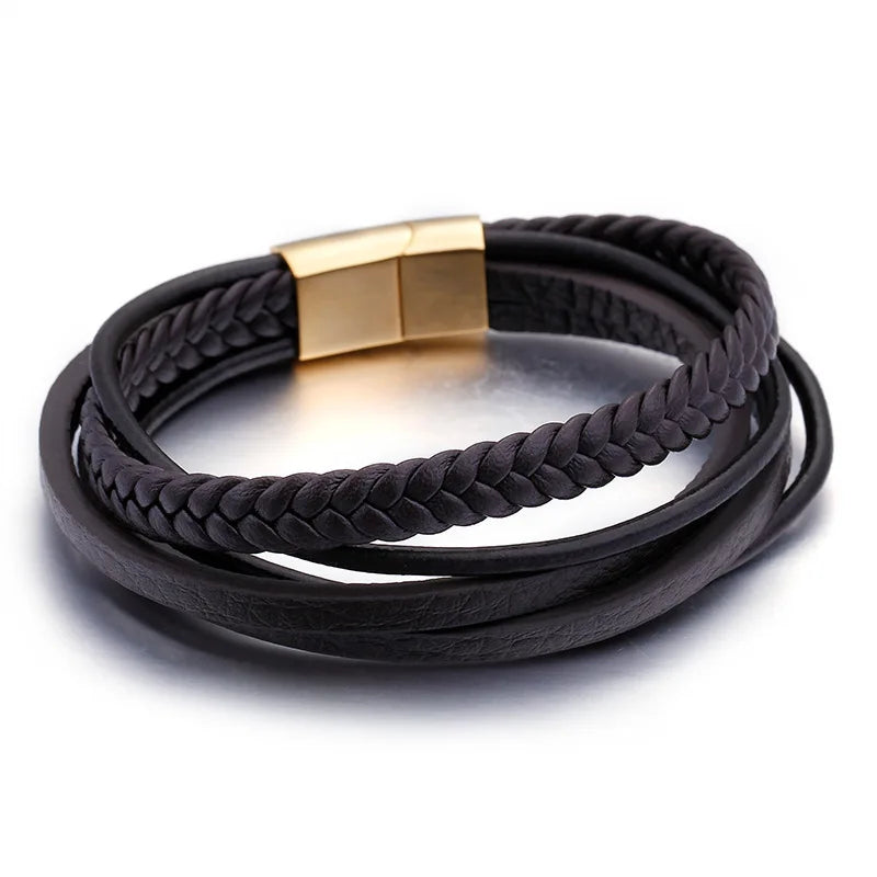 Vintage Leather Bracelet Multi-Layer Stainless Steel Braided Men's Jewelry
