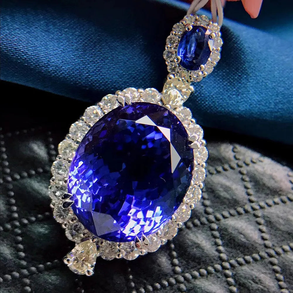 Vintage Crystal Sapphire Gemstones Pendant Necklaces for Women Silver Jewelry