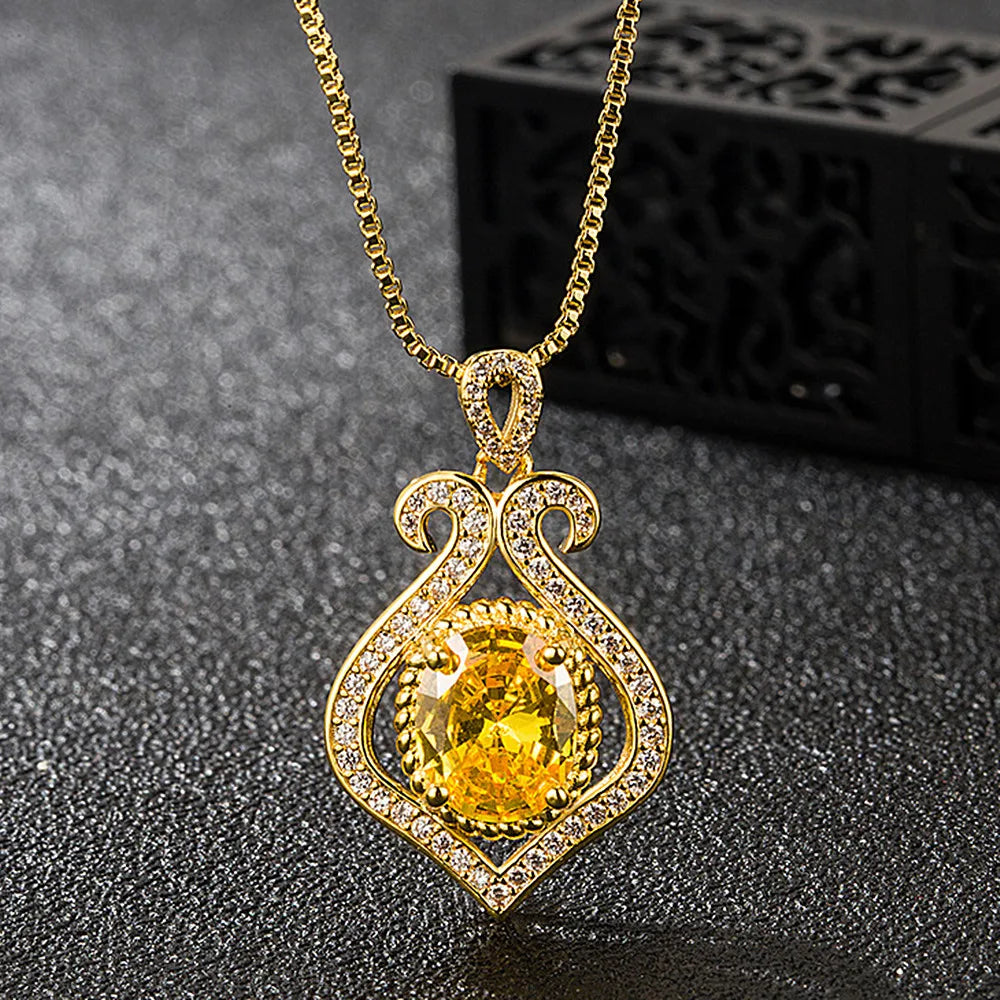 Vintage Crystal Citrine Gemstones Pendant Necklace 18k Choker Jewelry
