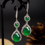 Vintage Green Jade Emerald Drop Earrings for Women Silver Agate Jewelry