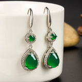 Vintage Green Jade Emerald Drop Earrings for Women Silver Agate Jewelry