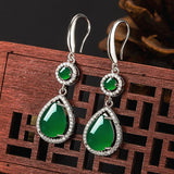 Vintage Green Jade Emerald Drop Earrings for Women Silver Agate Jewelry