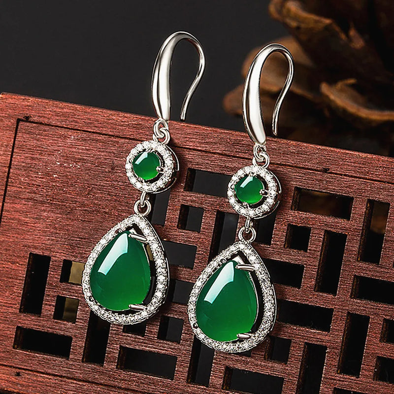 Vintage Green Jade Emerald Drop Earrings for Women Silver Agate Jewelry
