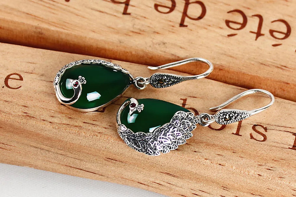 Vintage Peacock Carving Green Jade Emerald Gemstones Drop Earrings for Women