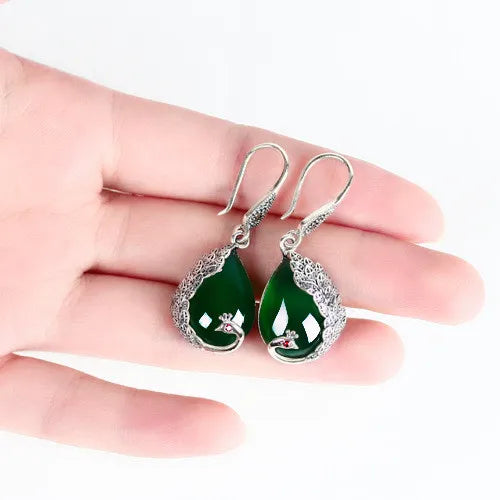 Vintage Peacock Carving Green Jade Emerald Gemstones Drop Earrings for Women