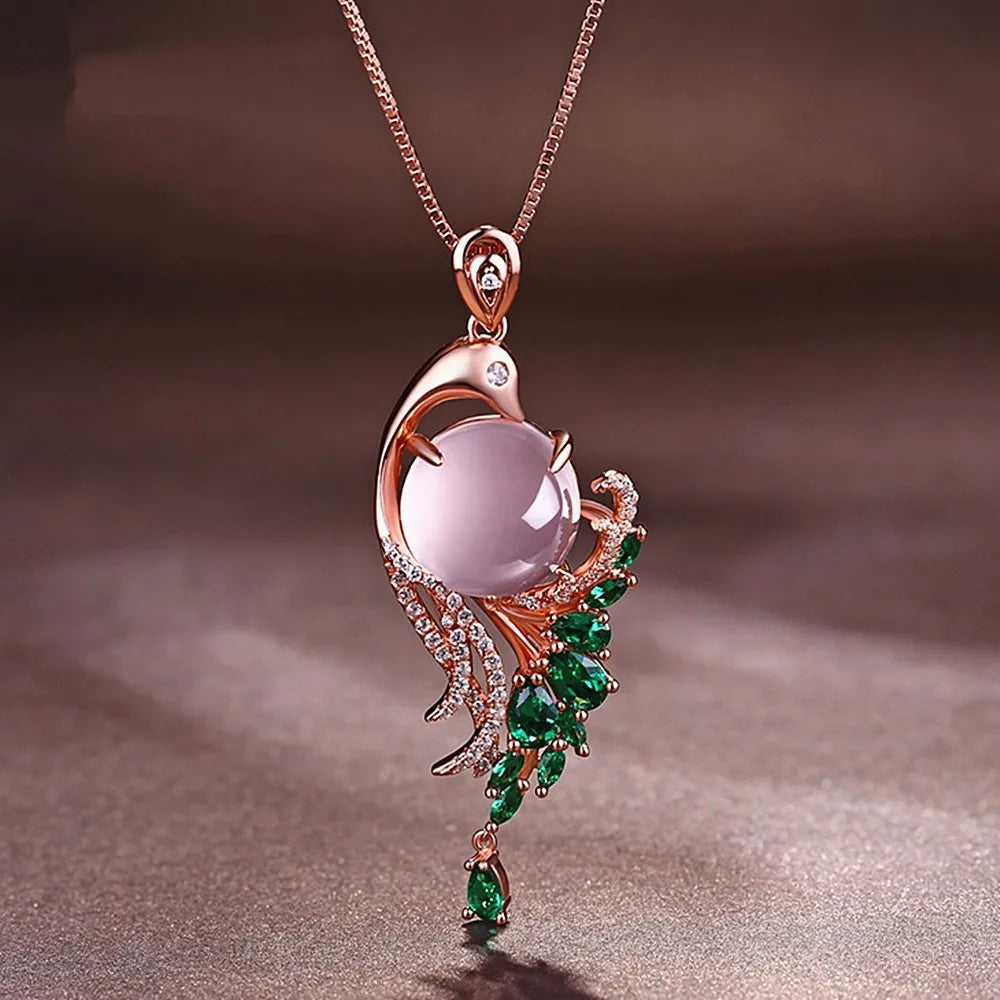 Vintage Pink Crystal Emerald Gemstone Pendant Necklace Rose Tone Jewelry