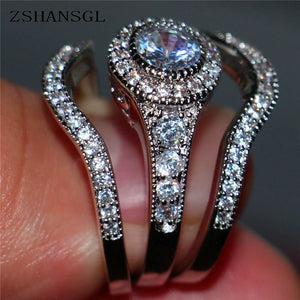 Vintage Pave Setting Zircon Engagement Wedding Band Rings Set Sterling Silver