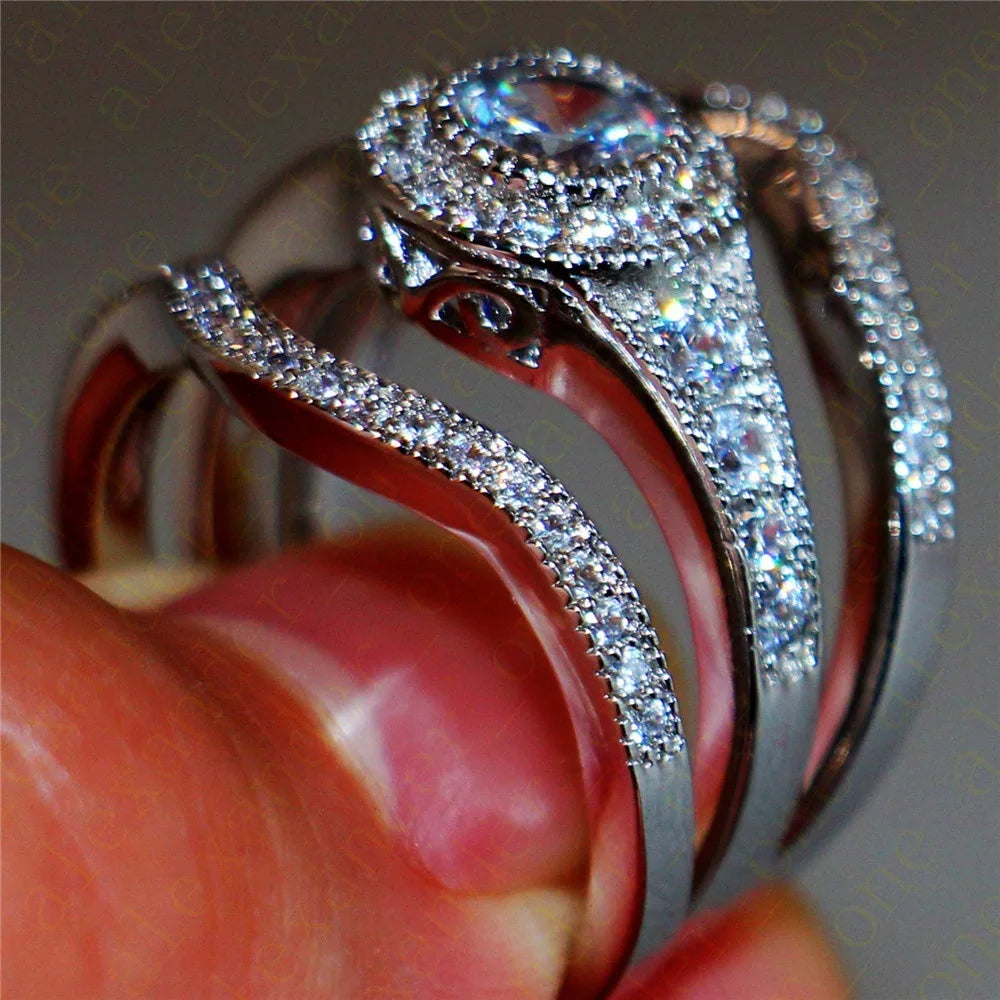 Vintage Pave Setting Zircon Engagement Wedding Band Rings Set Sterling Silver