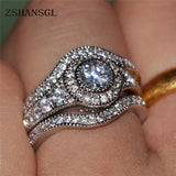 Vintage Pave Setting Zircon Engagement Wedding Band Rings Set Sterling Silver