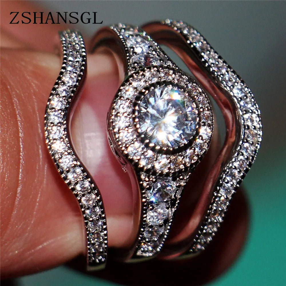 Vintage Pave Setting Zircon Engagement Wedding Band Rings Set Sterling Silver